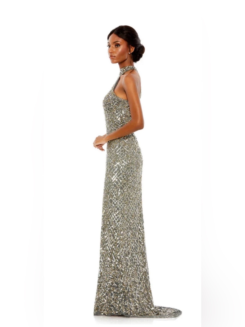 Mac Duggal 4112 platinum Sequin High-Neck Evening Gown with Front Slit NWT 0 - Picture 3 of 11